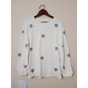 LOFT White Blue Long Sleeve Embroidered Floral Top